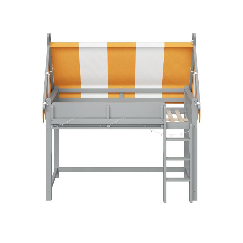 Roomfitters Twin/Full Size Loft Bed with Canopy, LED Lights and Book Shelf