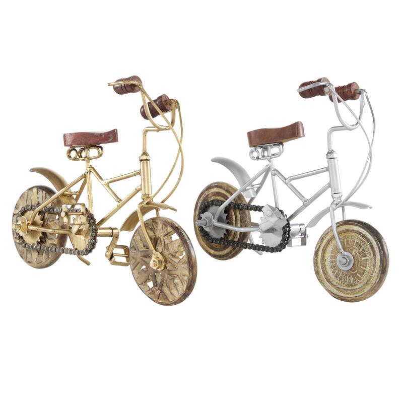 Multi Colored Metal Bike Decorative Sculpture with Wood Wheels (Set of 2) - 4 x 10 x 8