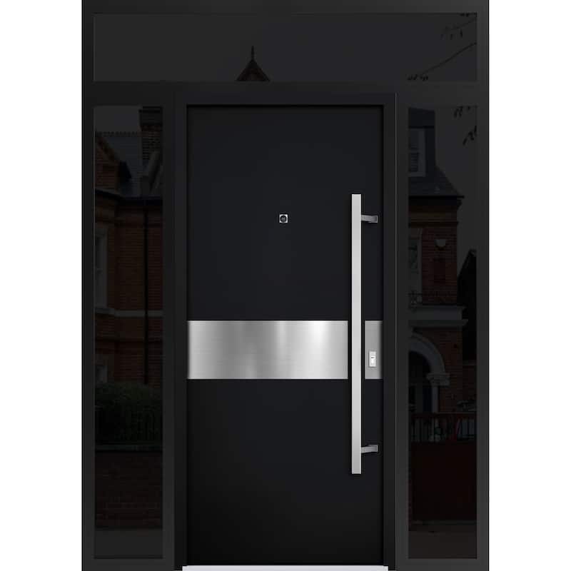 Front Prehung Steel Door 6072 Black Enamel Side and Top Window Sidelite W36+14xH80+16 Lh I Bedroom Door Bathroom Door - Black - 64" x 96"