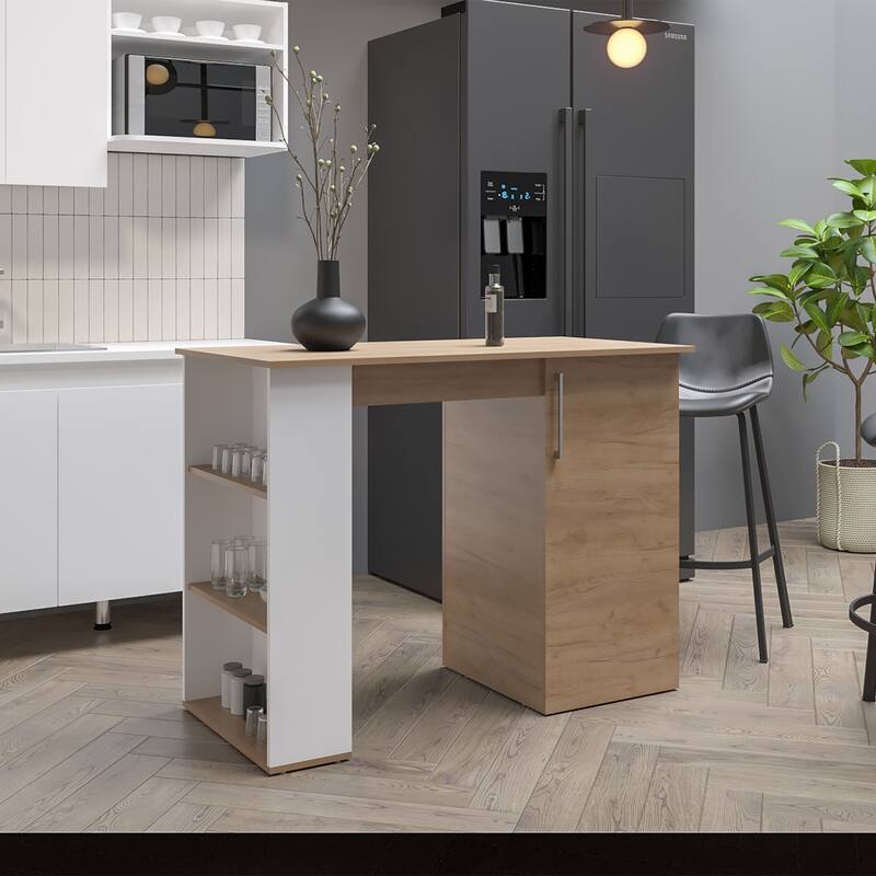 Allen 47" Wide Kitchen Island One Cabinet and Five Shelves, Bar Table, Dinning Table. Pub Table White- Natural Oak
