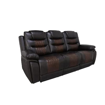 Asher 85 Inch Sofa with Dual Recliners, Brown Faux Leather Upholstery