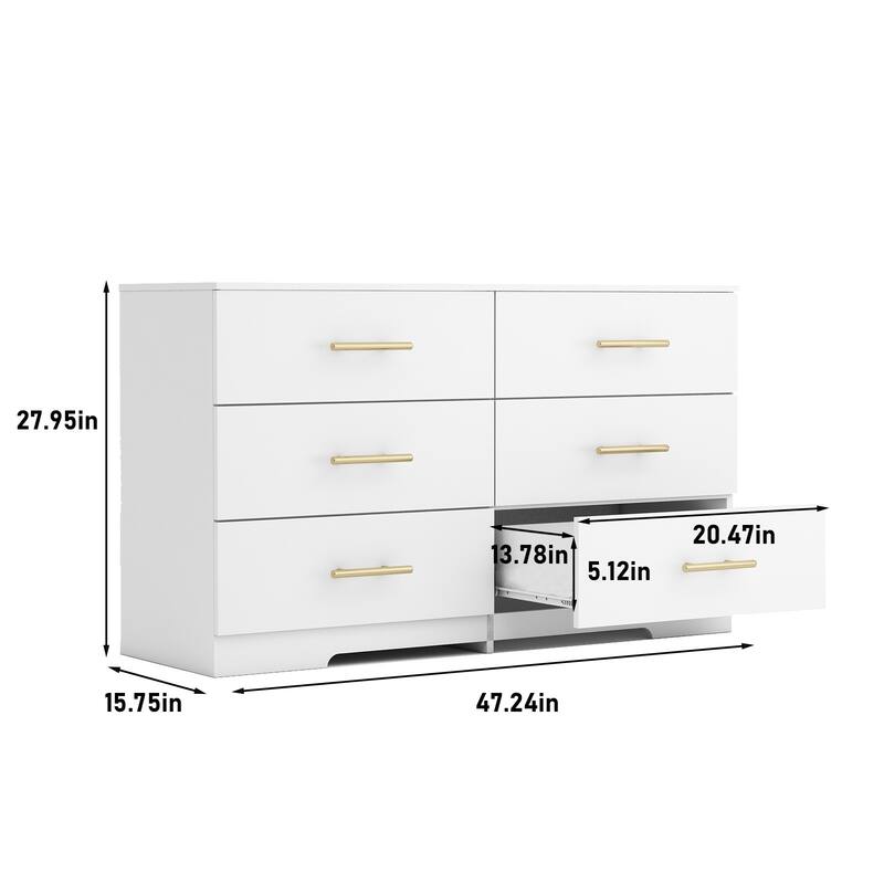 Large 6 Drawer Dresser with Gold Handles, Wide Wooden Chest of Drawers Storage Cabinet for Bedroom