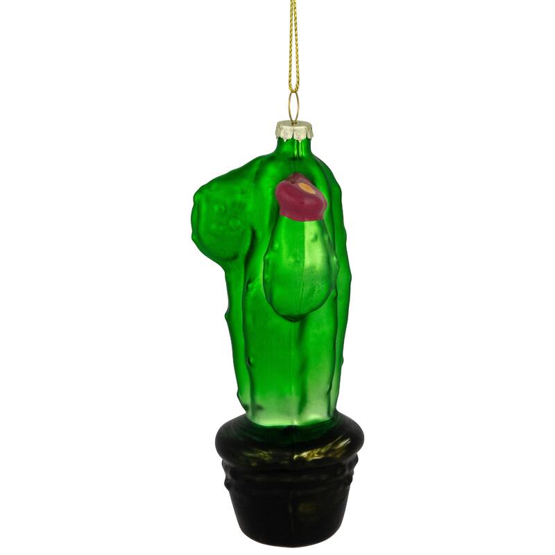 5" Green Cactus with Pink Flower Glass Christmas Ornament