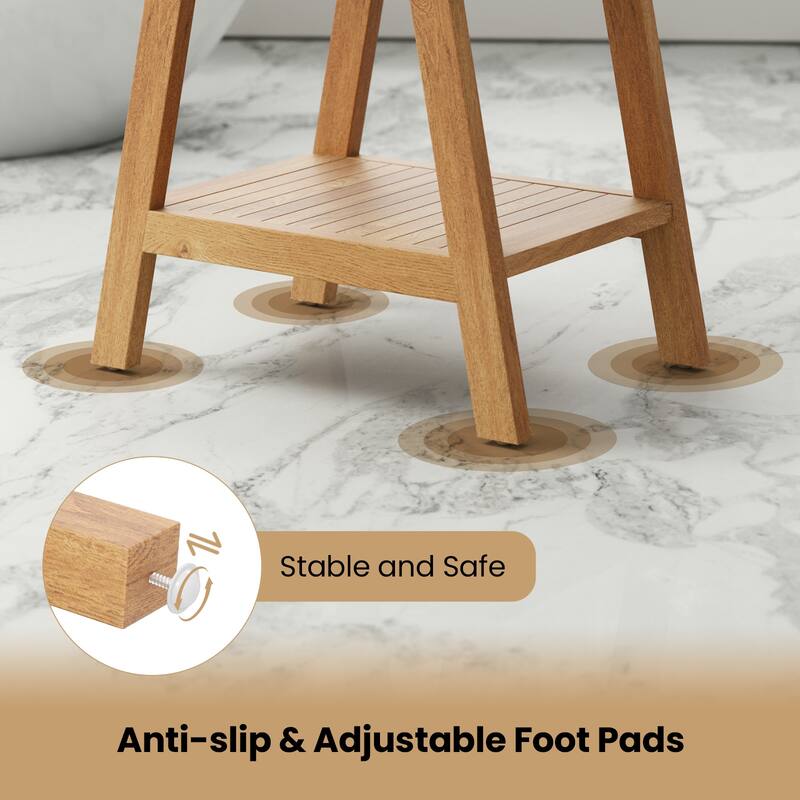 Gymax 20'' Teak Wood Shower Bench w/ Storage Shelf Adjustable &