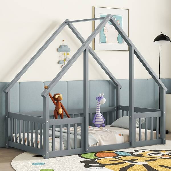 slide 2 of 9, Twin Size Pine Wood House-Shaped Floor Bed Frame with Fence & Guardrails for Kids Girls Boys, No Need Spring Box Grey - Twin
