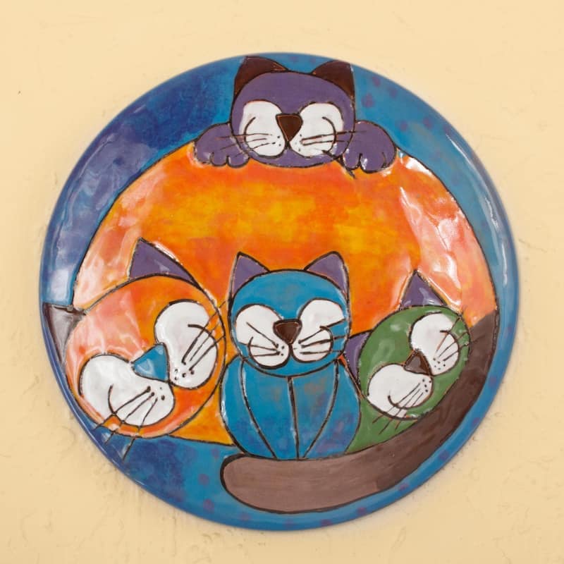 Novica Handmade Happy Cat Family Ceramic Decorative Plate