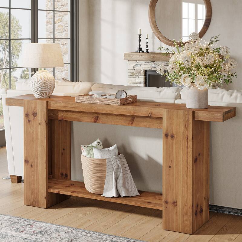 63-Inch Solid Wood Entryway Table, Console Table with 2-Tier Shelves