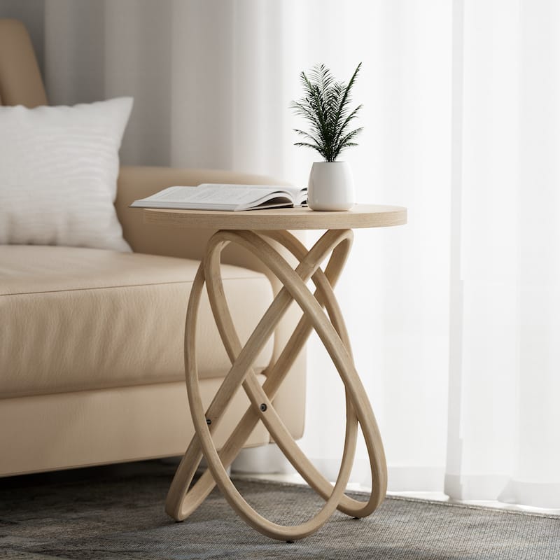 COZAYH Farmhouse End Table Round Wood Side Table Rustic Plant Stand With Intertwined Line Design