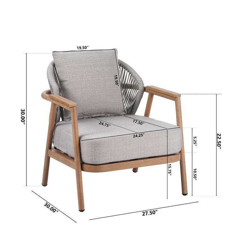 Roomfitters Orla Outdoor Rope Club Chairs with Plastic Wood Armrests and Cushions, Teak Finish