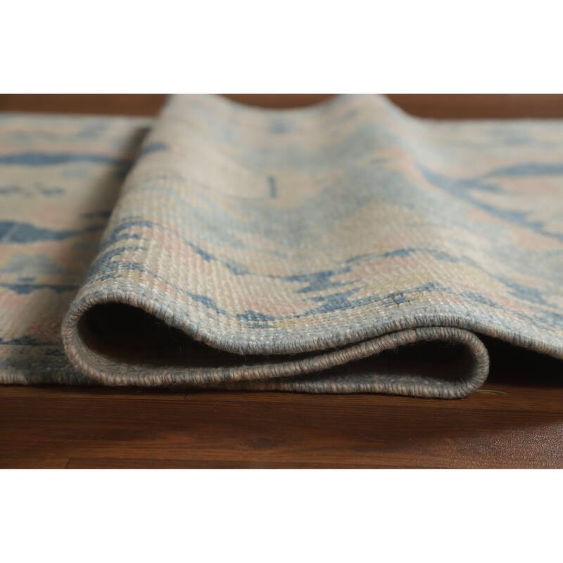Hand Knotted Oriental 100% Wool Carpet Transitional Geometric Navy Blue & Blues Oushak Runner Rug - 11' 4'' X 3' 5''