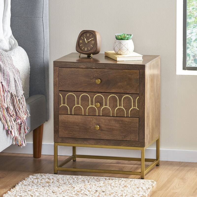 17.5" Mango Wood Nightstand with 3 Drawers in Walnut