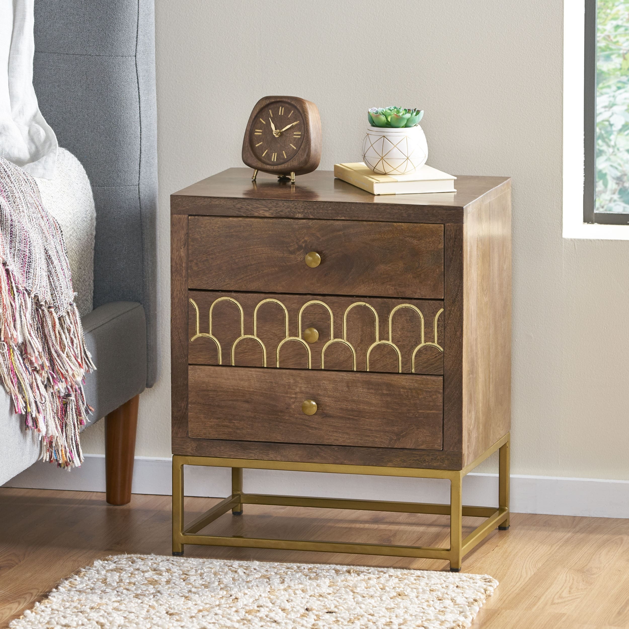 3 Drawers Nightstand for Bedroom, Mid-Century Modern Night Stand Bedside Table with Iron Frame
