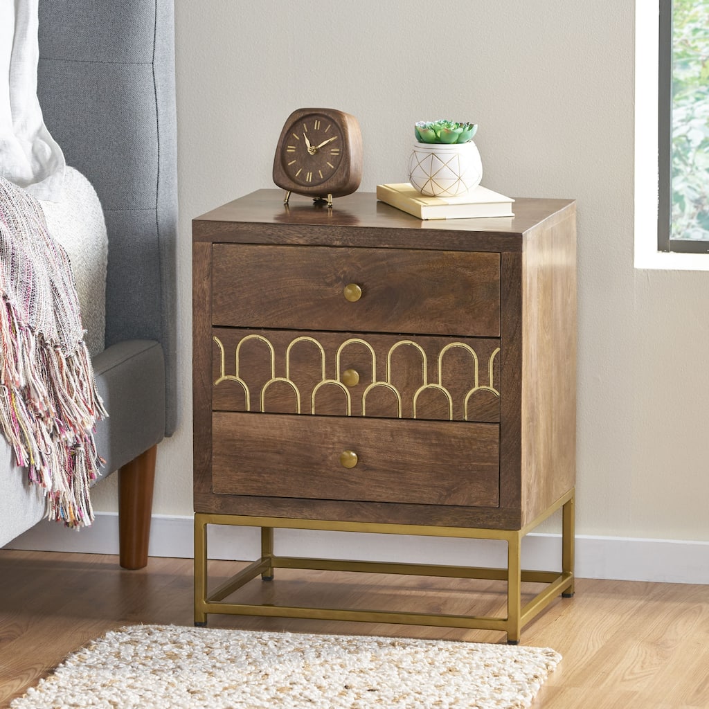 3 Drawers Nightstand for Bedroom, Mid-Century Modern Night Stand Bedside Table with Iron Frame