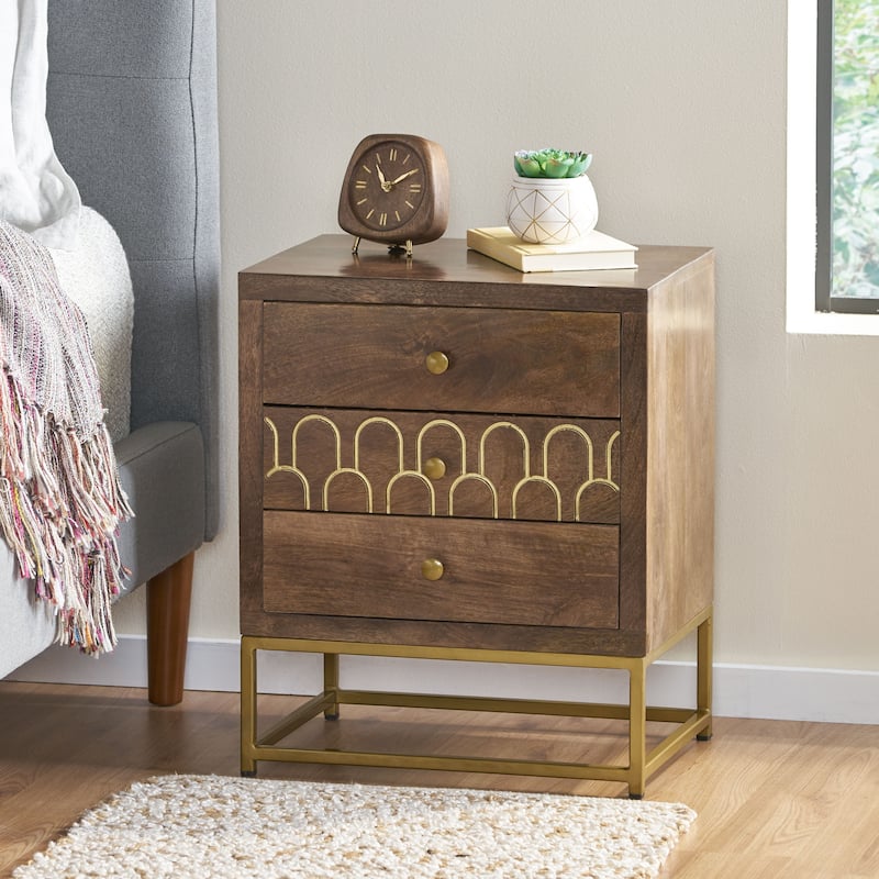 Contemporary Mango Wood Nightstand, Mid-Century Modern Design, Gold Accents, Durable Iron Frame, 3 Drawers