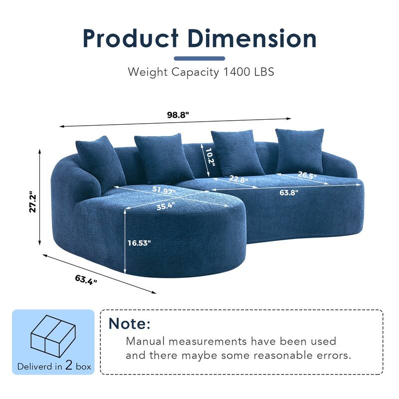 L-Shaped Sectional Sofa with Curved Chaise, Chenille Boneless Cloud Sofa, Modular 4-Seater Sofa with 4 Throw Pillows - Navy Blue