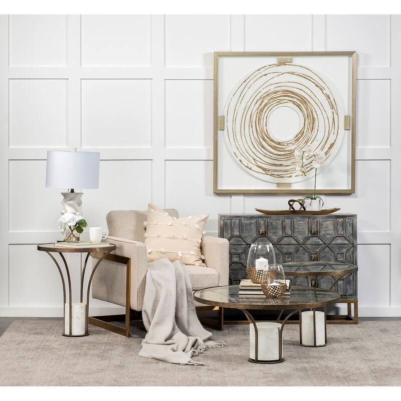 Jacinta II Glass Top with Gold Metal and White Marble Pedestal Round Side Table