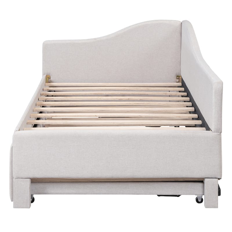 L-Shaped Daybed Twin To King Upholstered Daybed with Pop Up Trundle Linen & Wood Bed Frame for for Youth Teens or Adults