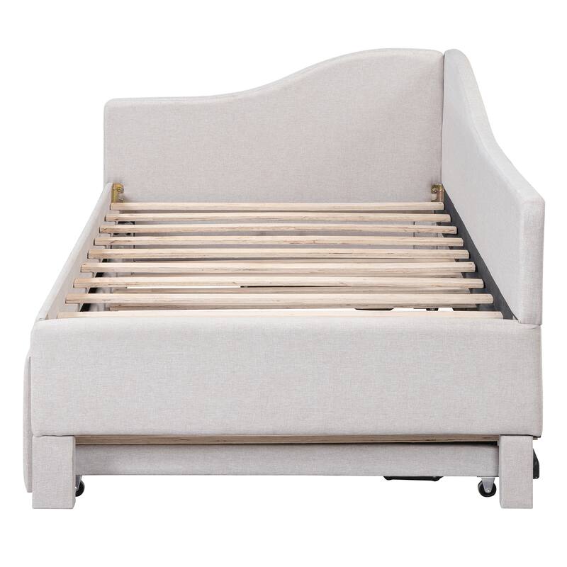 Twin Size L-Shaped Upholstered Daybed with Pull-Out Trundle, Linen Fabric, Convertible to Irregular King