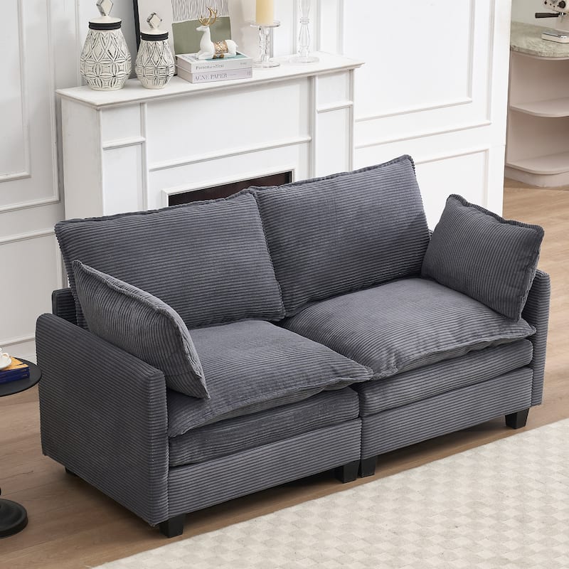 Corduroy Upholstered Loveseat Sofa Deep Seat Modular 2 Seater Couch with Double Cushions and 2 Lumbar Pillows for Living Room