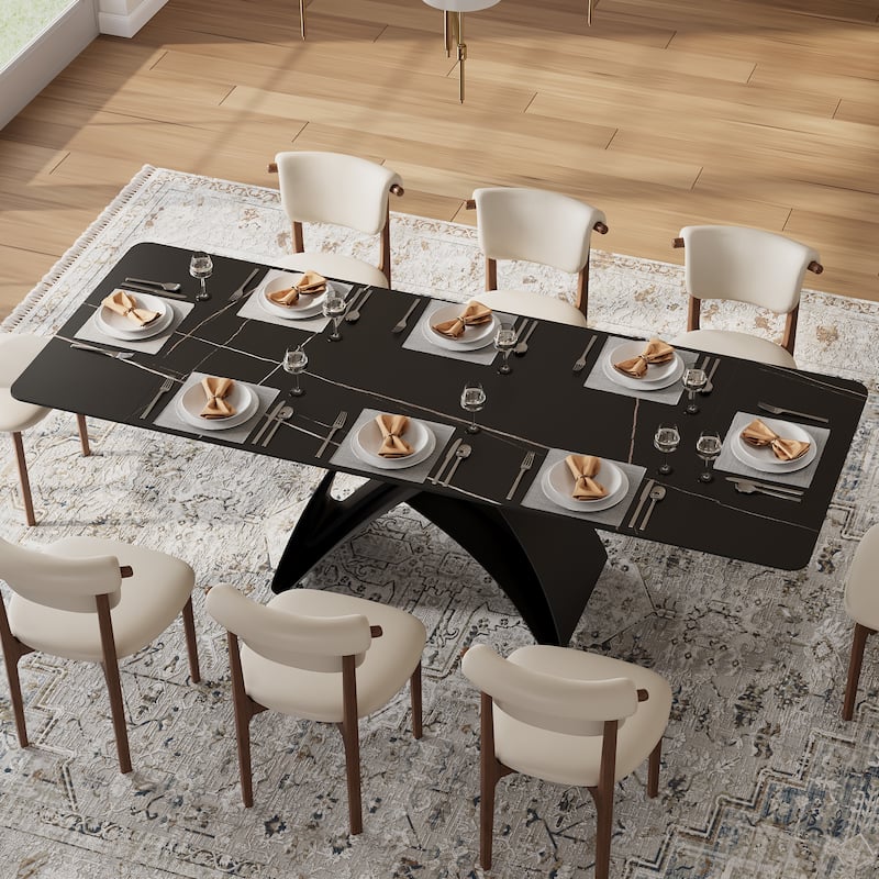 63-95"Extendable Modern Dining Table for 6-10, Black Sintered Stone Tabletop - 63-94.5“