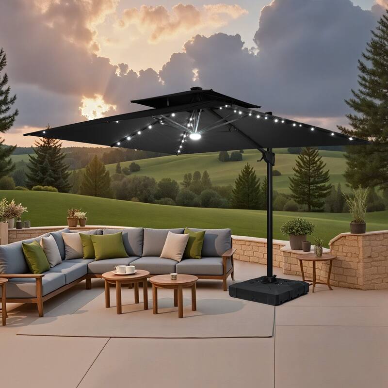 9 x 11 FT Outdoor Double Top LED Lighted Patio Cantilever Umbrella with Base Stand - Black