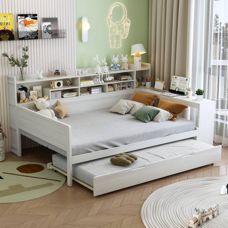 Wooden Daybed with Storage Shelves, Multi-functional Bed with Twin Size Trundle Bed and Study Desk