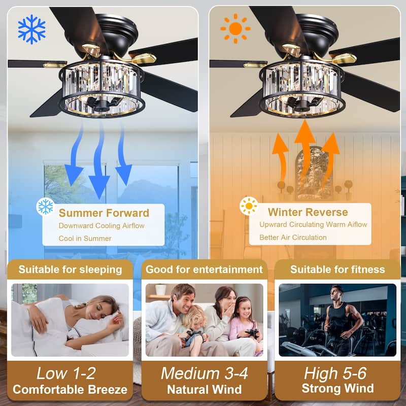 Cusp Barn 52" Farmhouse Flush Mount Crystal Ceiling Fan with Lights and Remote, Black 5 Blades Reversible Chandelier Ceiling Fan
