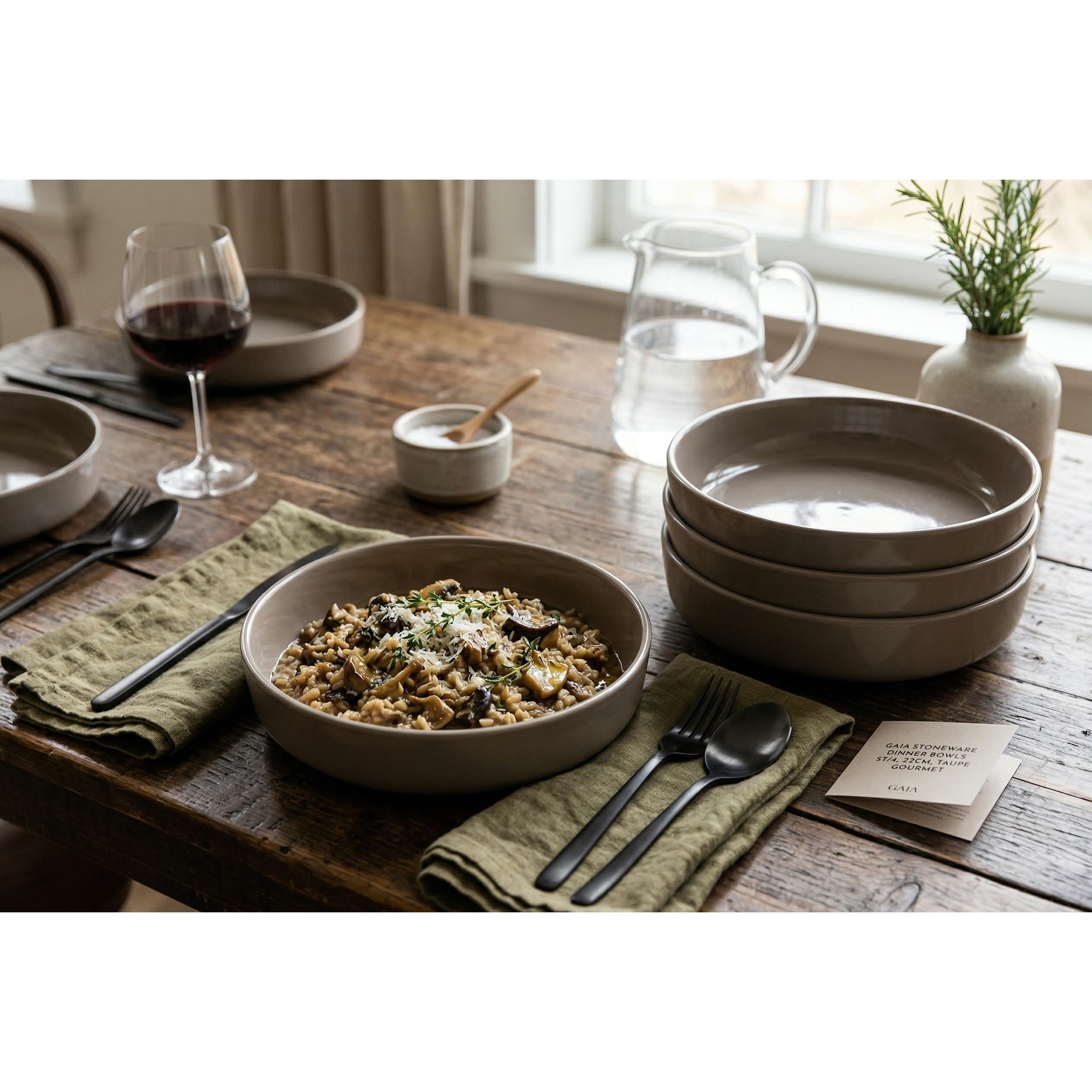 Stoneware Dinner Bowls, Set of 4, Pasta and Salad Bowls, Two-Tone Finish with Matte Taupe Exterior & Glossy Interior