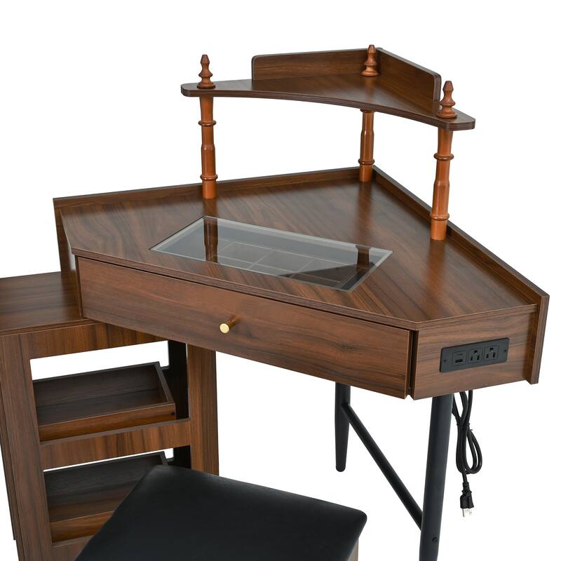 Corner Makeup Vanity Set with Stool & Charging Station, Glass Tabletop Triangle Vanity Dressing Table with Pull-Out Side Cabinet