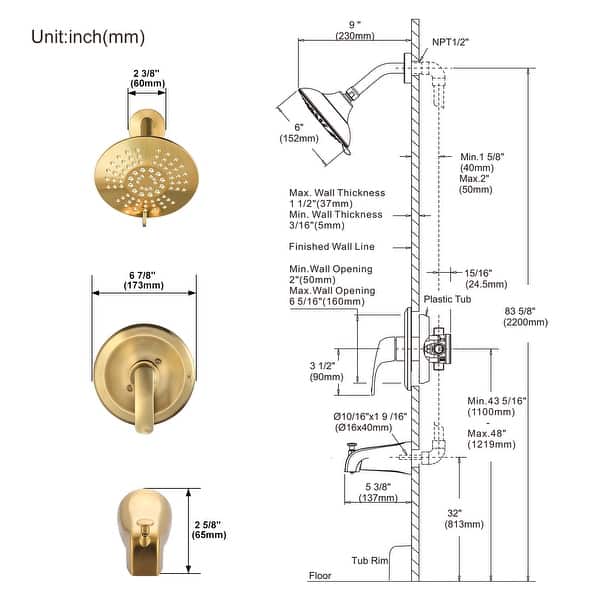dimension image slide 1 of 3, WOWOW Single Handle 5-Spray Round Shower Faucet with Tub Spout