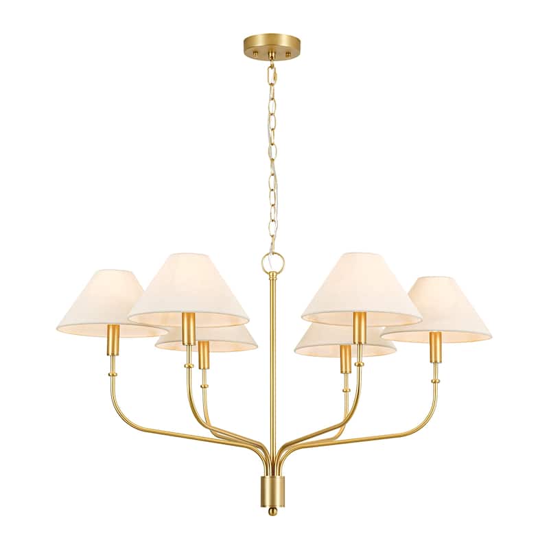 6-Light Mid-Century Modern Brass Chandelier with Beige Fabric Shades - Gold Finish Ceiling Light Fixtur for Living Room - White