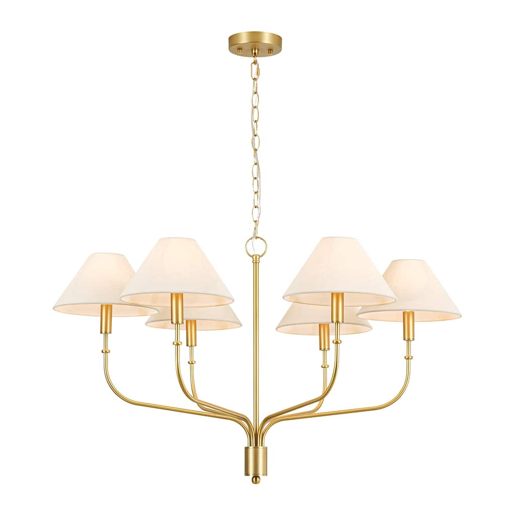 6-Light Mid-Century Modern Brass Chandelier with Beige Fabric Shades - Gold Finish Ceiling Light Fixtur for Living Room