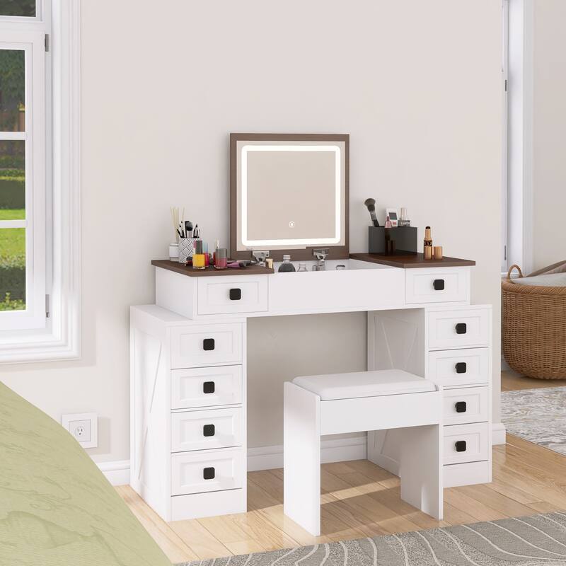 Vanity Desk with Dimmable LED Light with 10 Drawers