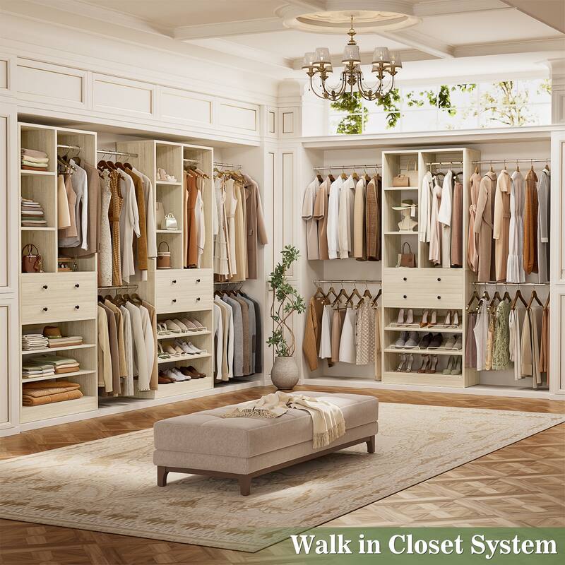 Closet Organizer with 5 Hanging Rods and 2 Drawers, Adjustable Closet System with Shelves and Shoe Rack