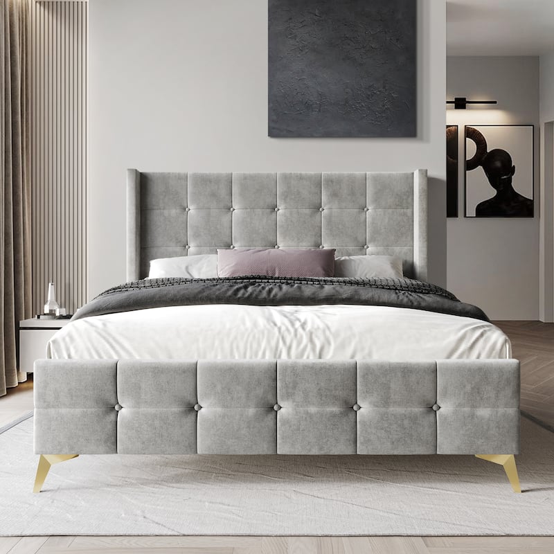 CraftPorch Luxurious Square Button-Tufted Wingback Velvet Upholstered Bed