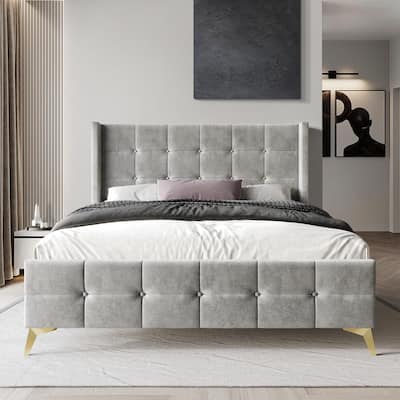 CraftPorch Luxurious Square Button-Tufted Wingback Velvet Upholstered Bed