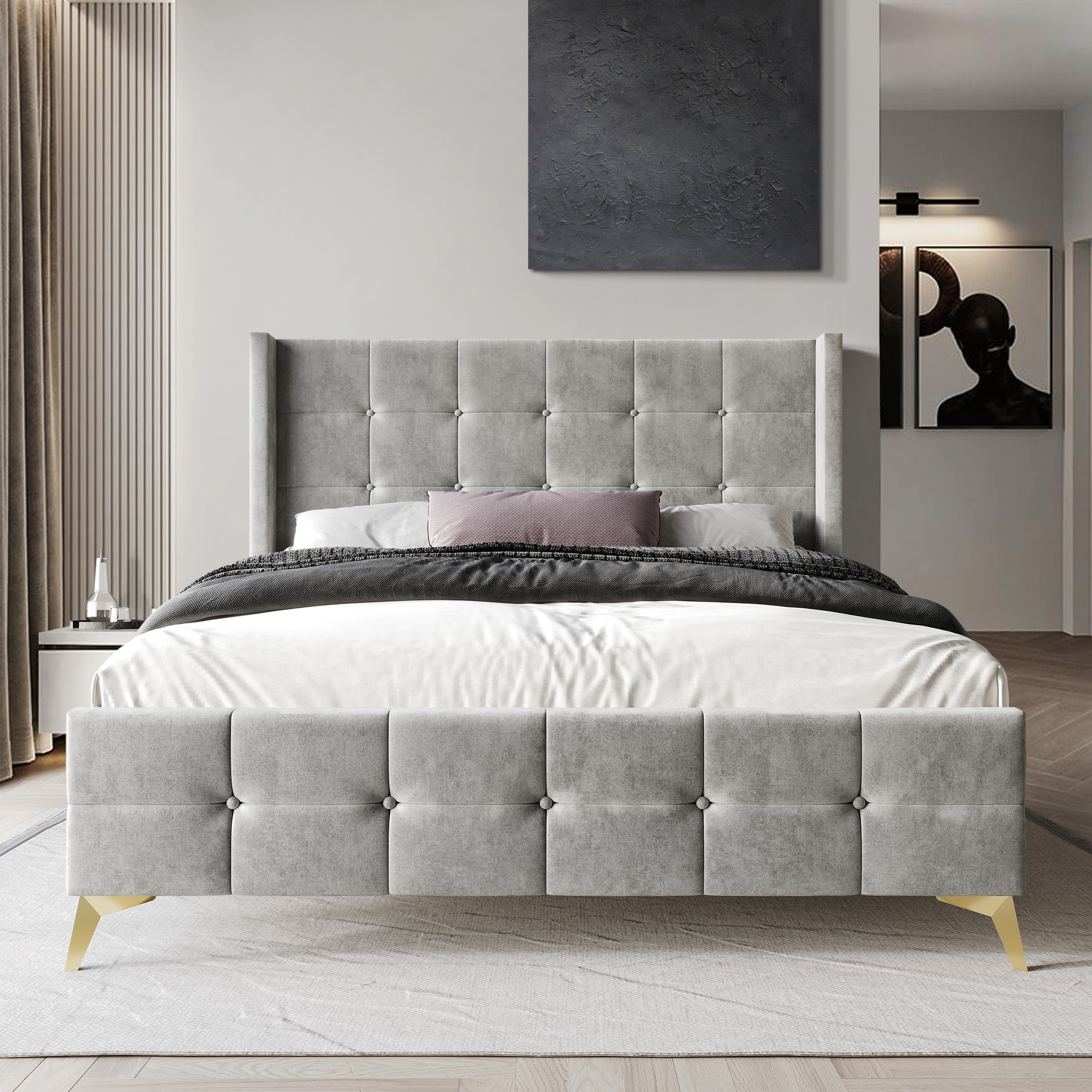 CraftPorch Luxurious Square Button-Tufted Wingback Velvet Upholstered Bed