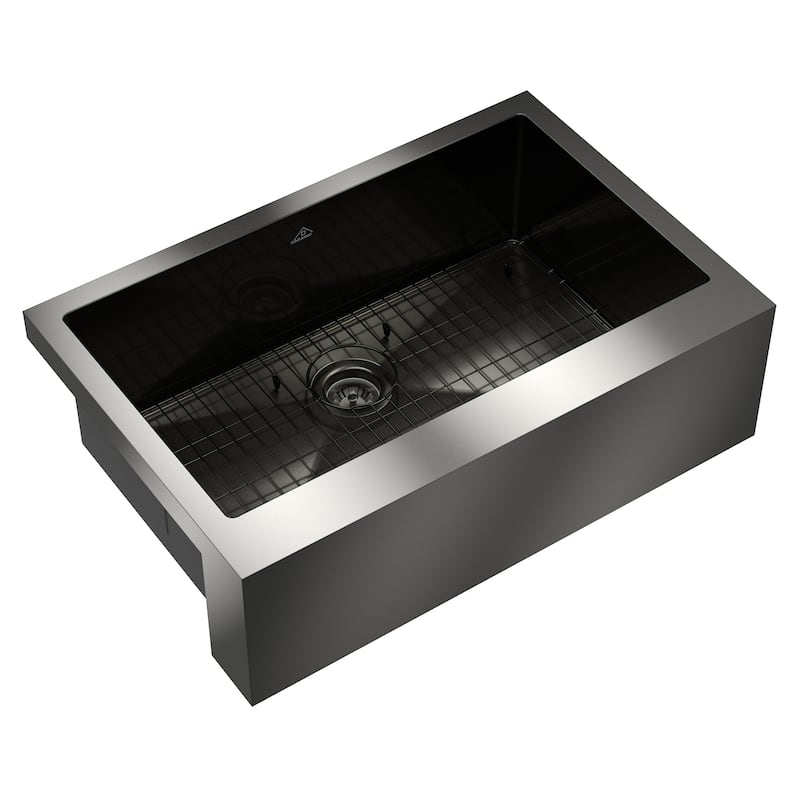 Handmade Stainless Steel 18-Gauge Single Bowl Farmhouse Apron Kitchen Sink in Nano PVD with Bottom Grid and Basket Strainer