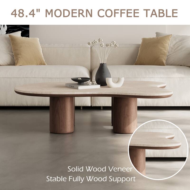 48“ Modern Wood Coffee Table, Matte Stone Top, cloud Shaped