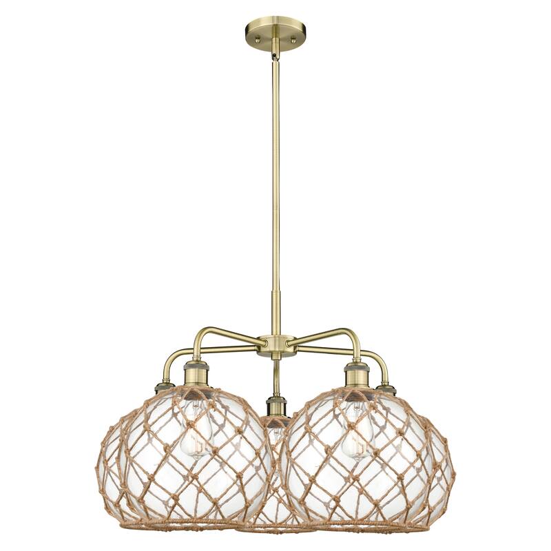 Innovations Lighting Endless Possibilities Ballston - Farmhouse Rope - 5 Light 29" Stem Hung Chandelier - Antique Brass/Clear Glass with Brown Rope