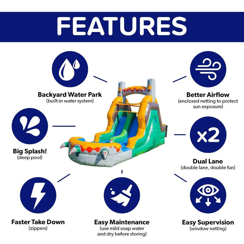 HeroKiddo T-Rex Adventure 12' Tall Dual Lane Inflatable Water Slide with Pool, Commercial PVC, Kids and Adults, Blower Included