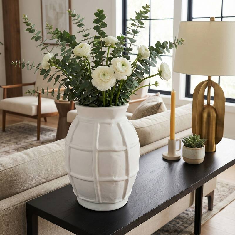 Paper Mache Raised Grid Texture Modern Vase - White, 14"