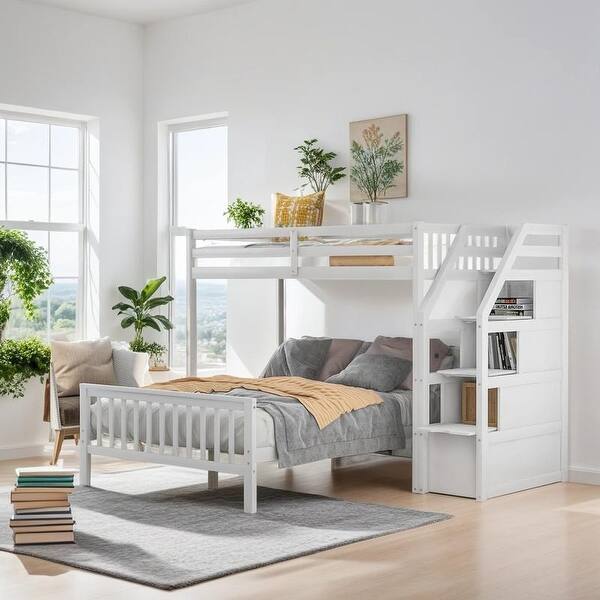slide 2 of 35, Elegant Twin over Full Loft Bed with Staircase, Ladder with 3 Storage Grids, Sturdy Construction & Safety Guaranteed, White White