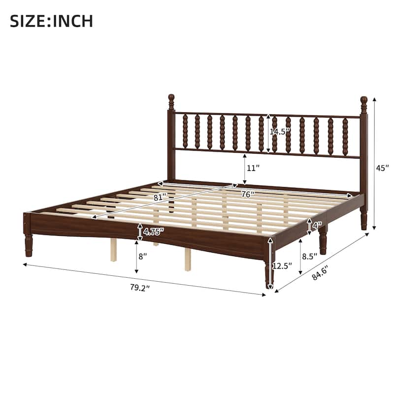 Wood Platform Bed Frame with Gourd Shaped Headboard, Retro Style Low Profile Bed with Wooden Slat Support, No Box Spring Needed