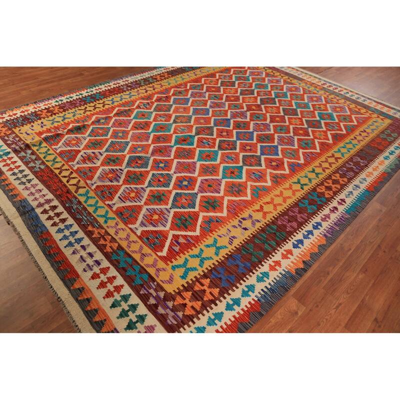 Geometric Trellis Kilim Oriental Area Rug Hand-Woven Wool Carpet - 8'4"x 11'3"