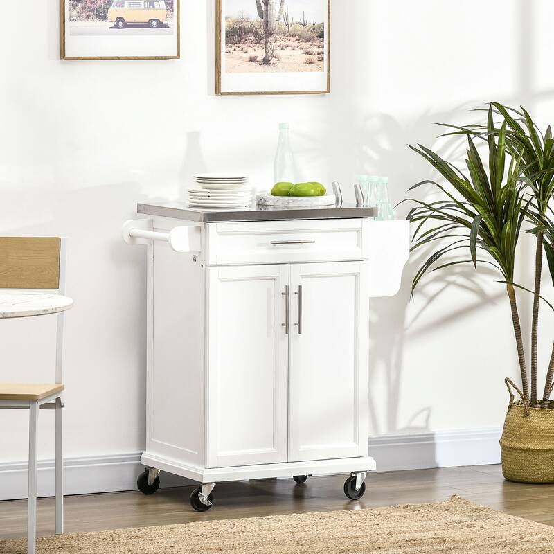 "Rolling Kitchen Cart with Stainless Steel Top, 2-Tier Shelf, Drawer & Spice Rack for Easy Storage"