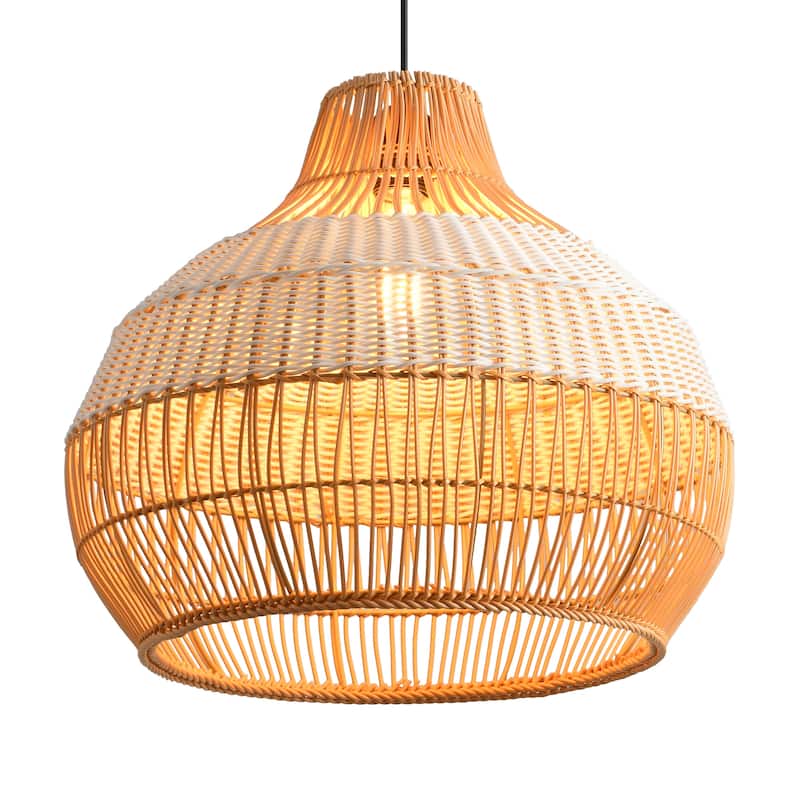 17" Bohemian Round Woven Wicker Adjustable Pendant Hanging Light for Dining Room