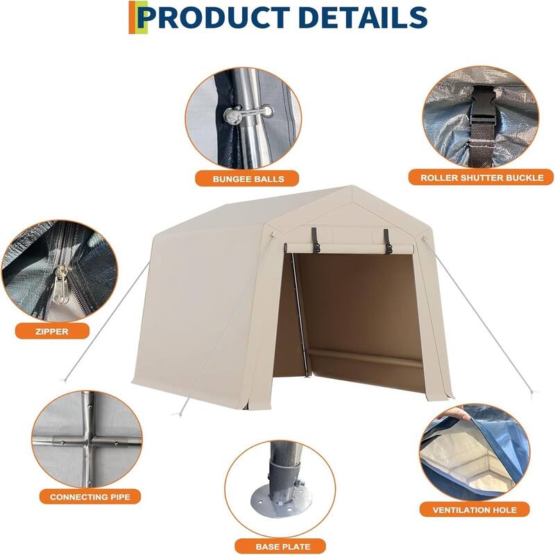 6x6 ft Heavy-Duty Carport Canopy Portable Garage Tent with Removable Sidewalls and Roll-Up Windows Khaki