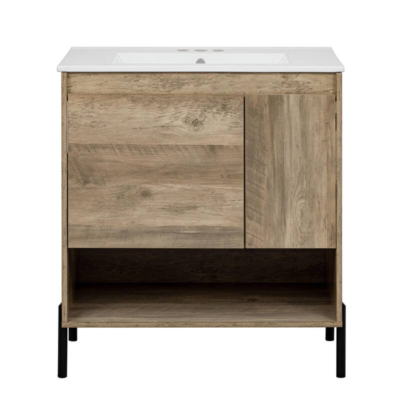Rustic 30 " Bathroom Vanity with Drawers and Shelves - Natural Wood