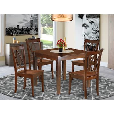 HomeStock 5-Piece Round Mahogany Finish Solid Wood Top Dining Table with 4 Chairs with Cross Back